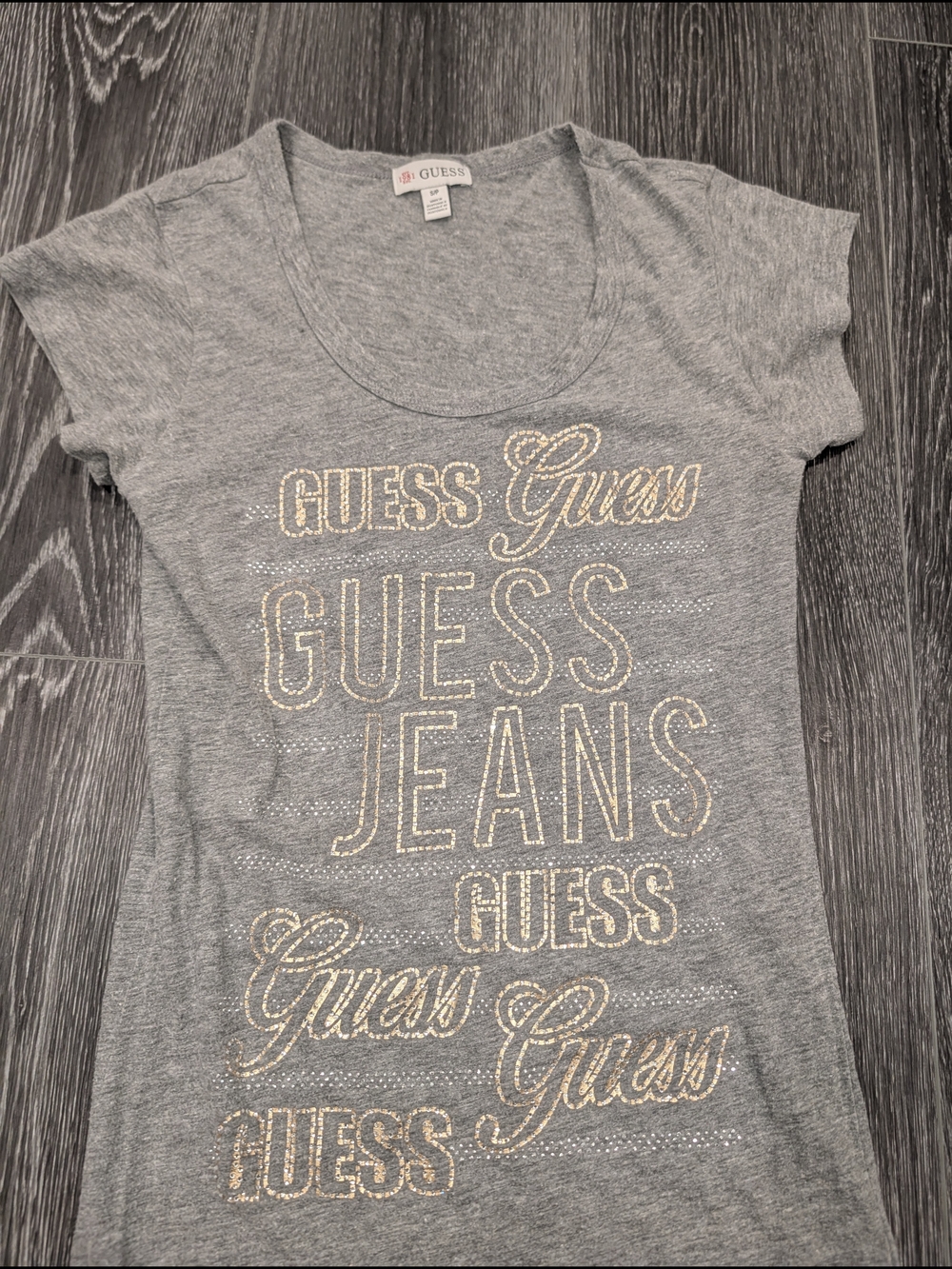GUESS Women's Gray Logo Tee with Rhinestone Accents